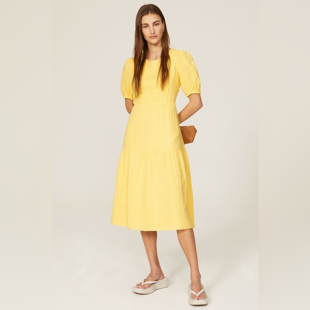 RTR Love Whit by Whitney Port Yellow Tie Back Puff Sleeve Midi Dress Size M